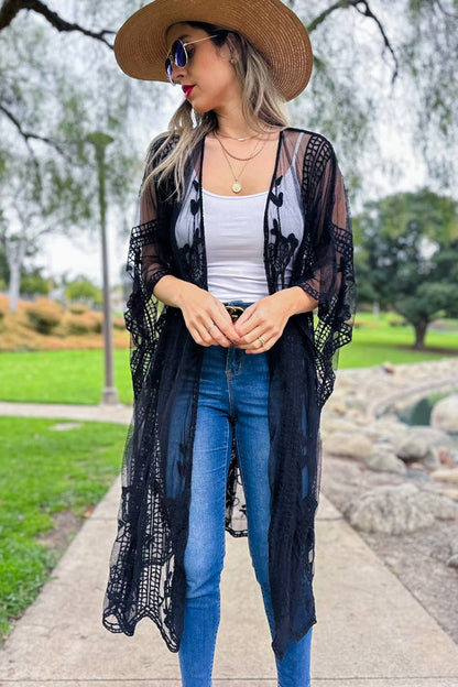 AMOLI - Black Boho Floral Lace Sheer Dressy Kimono Cover Up Cardigan