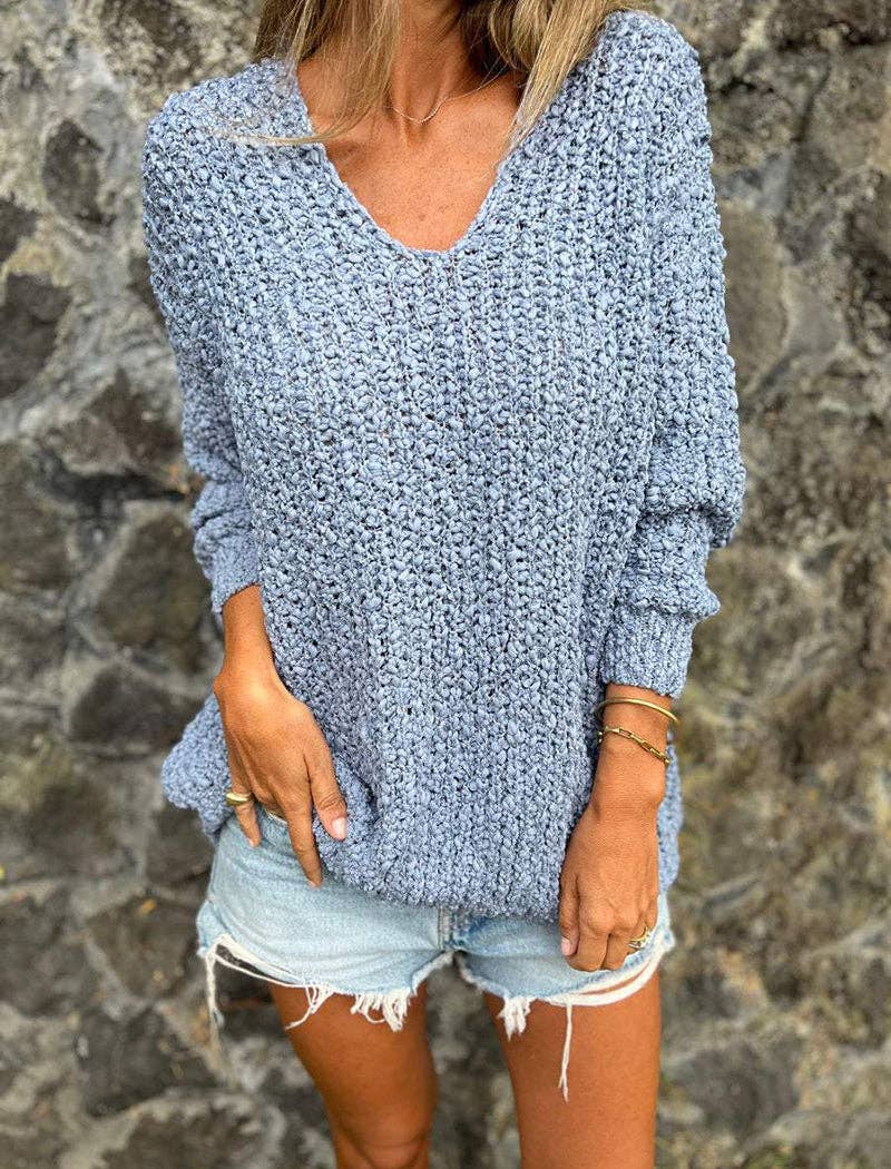 Masyal - Knit V-Neck Relaxed Long Sleeve Sweater