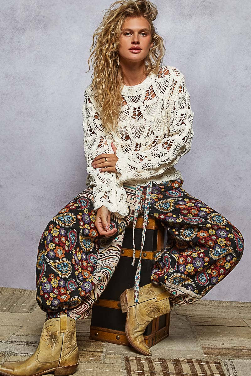 Pol Clothing - Round neck long sleeve solid crochet top