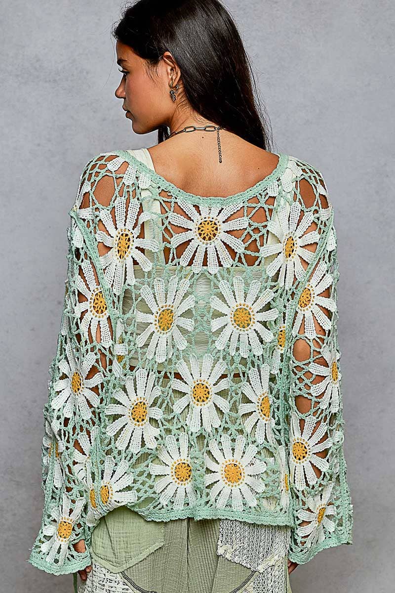 Pol Clothing - Long sleeve V neck crochet knit open cardigan