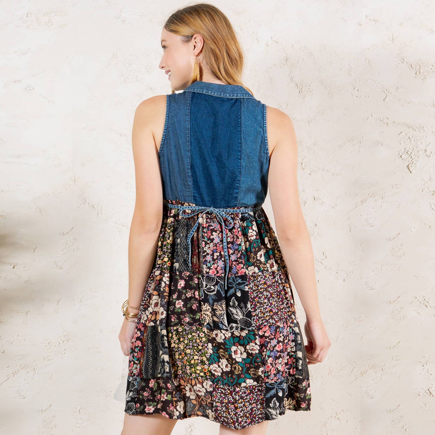 Young Threads - Rustic Summer Denim Short Dress with Print Patches