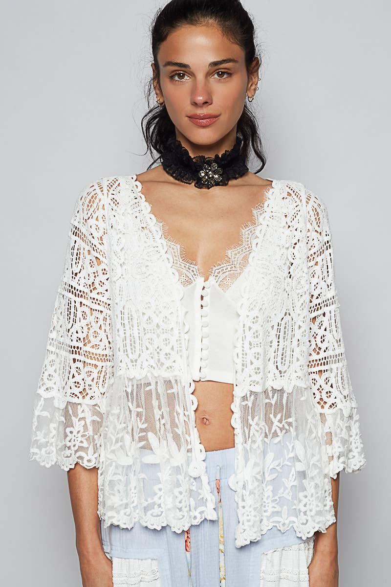 Pol Clothing - V-neck short sleeve crochet floral lace cardigan