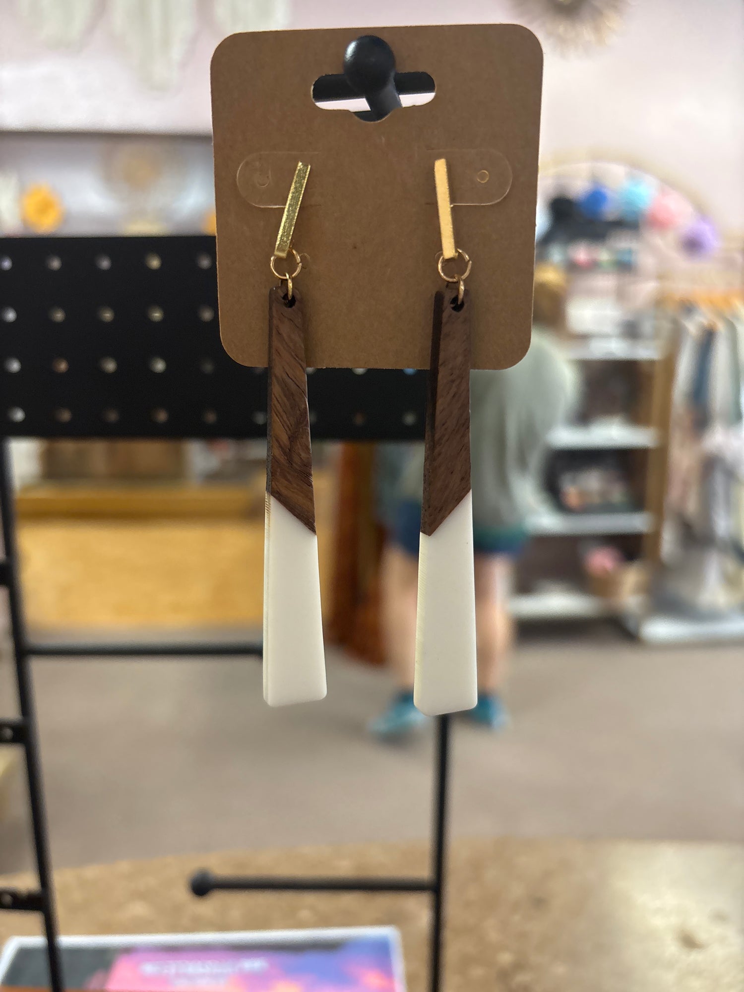 OhHeyBec--Large wood and resing dangle earrings