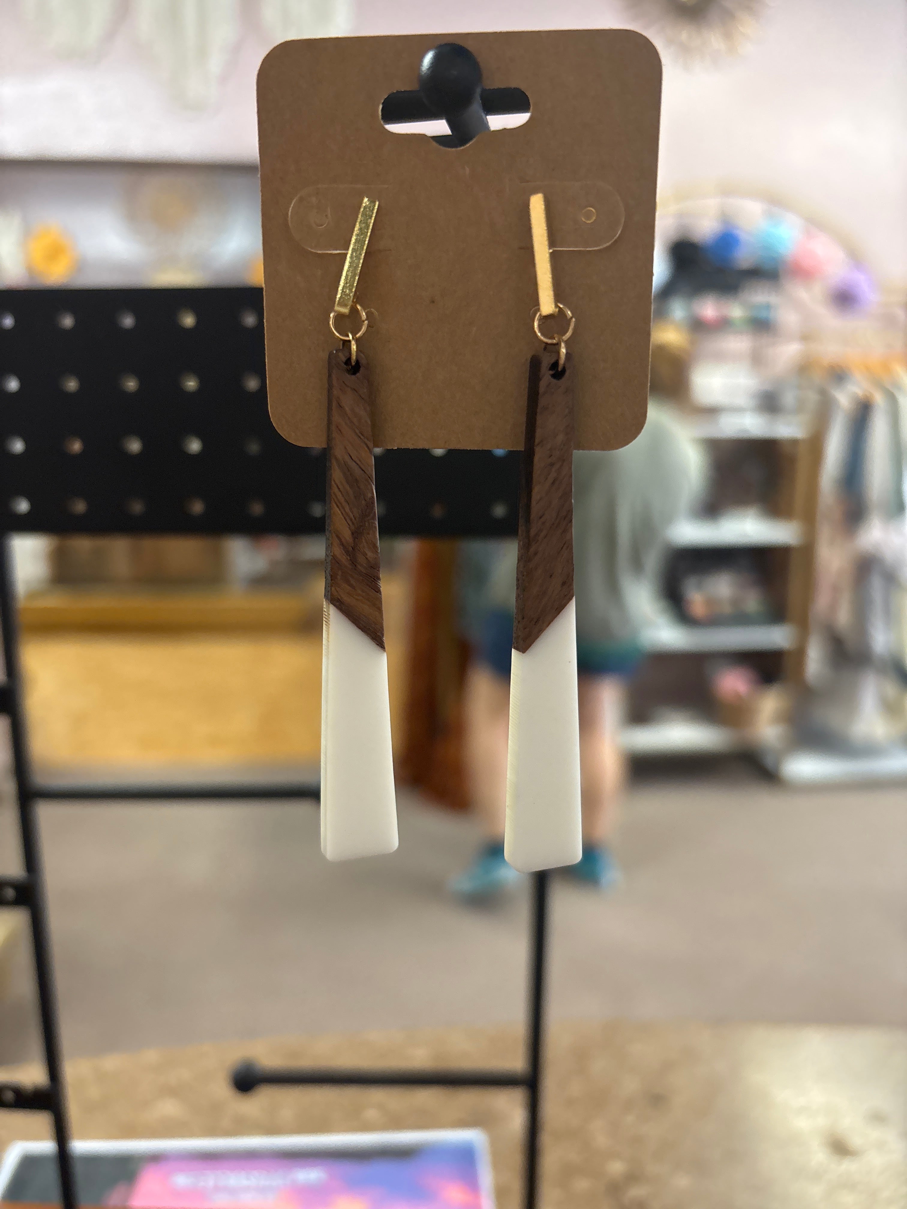 OhHeyBec--Large wood and resing dangle earrings
