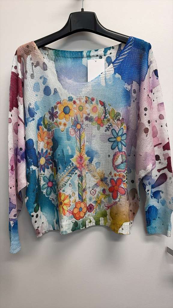 LOOWIE - VISPEACEF Italian Floral Peace Sign Print Knit Sweater