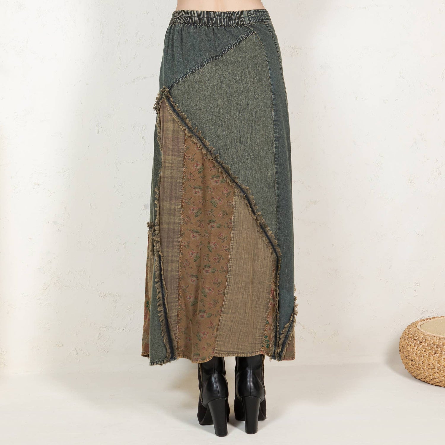 Young Threads - Western Boho Chic: Patch Inserted Denim Midi Skirt- New