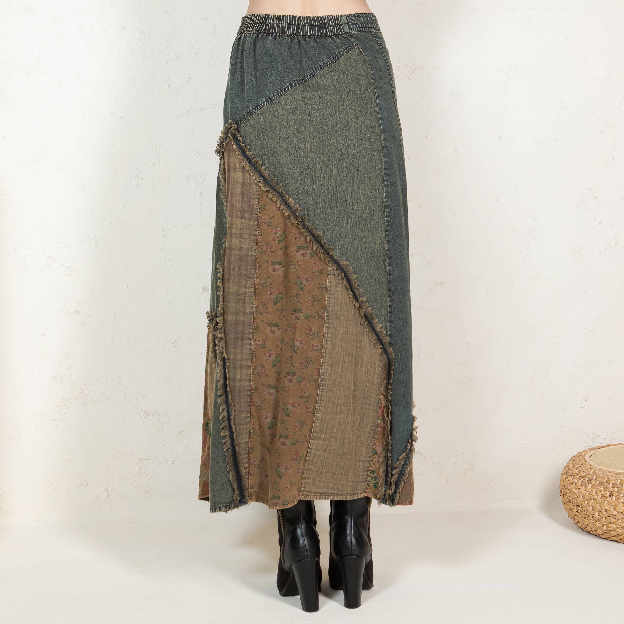 Young Threads - Western Boho Chic: Patch Inserted Denim Midi Skirt- New