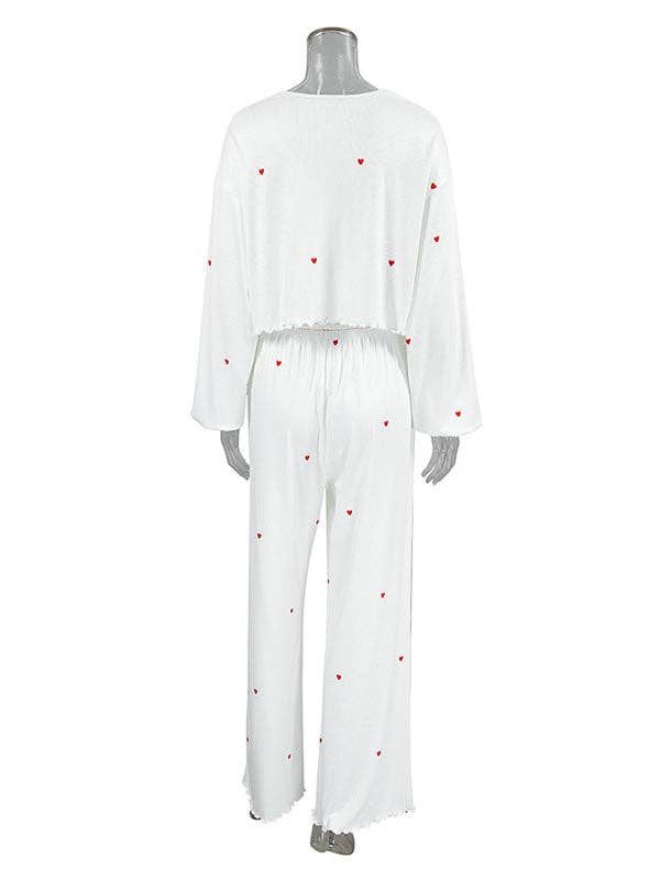 UZ Wholesale Store - High Waisted Long Sleeves Elasticity Heart Print See-Through Split-Joint Round-Neck Two Pieces Set