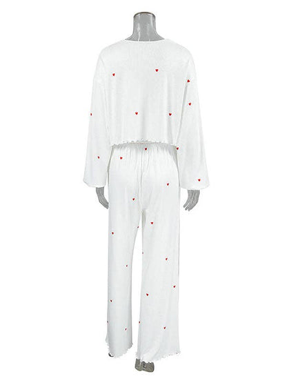 UZ Wholesale Store - High Waisted Long Sleeves Elasticity Heart Print See-Through Split-Joint Round-Neck Two Pieces Set