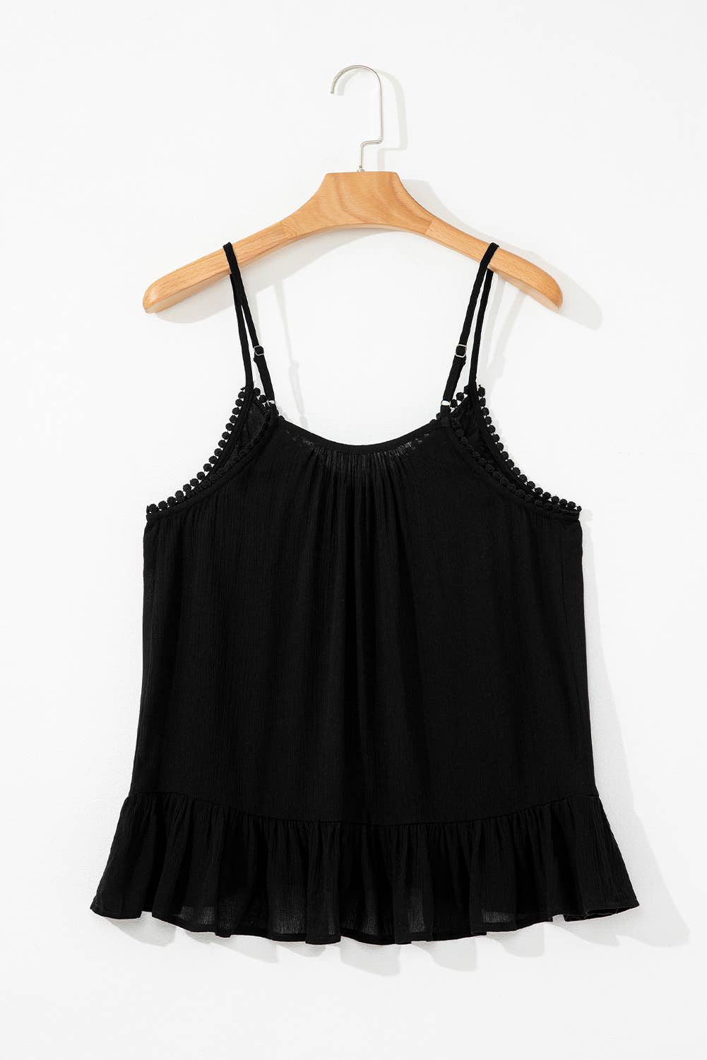 Lovesoft - Black Floral Embroidery Ruffled Spaghetti Straps Tank Top
