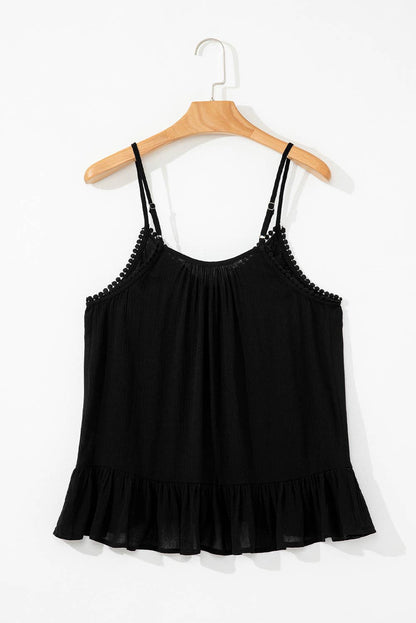 Lovesoft - Black Floral Embroidery Ruffled Spaghetti Straps Tank Top