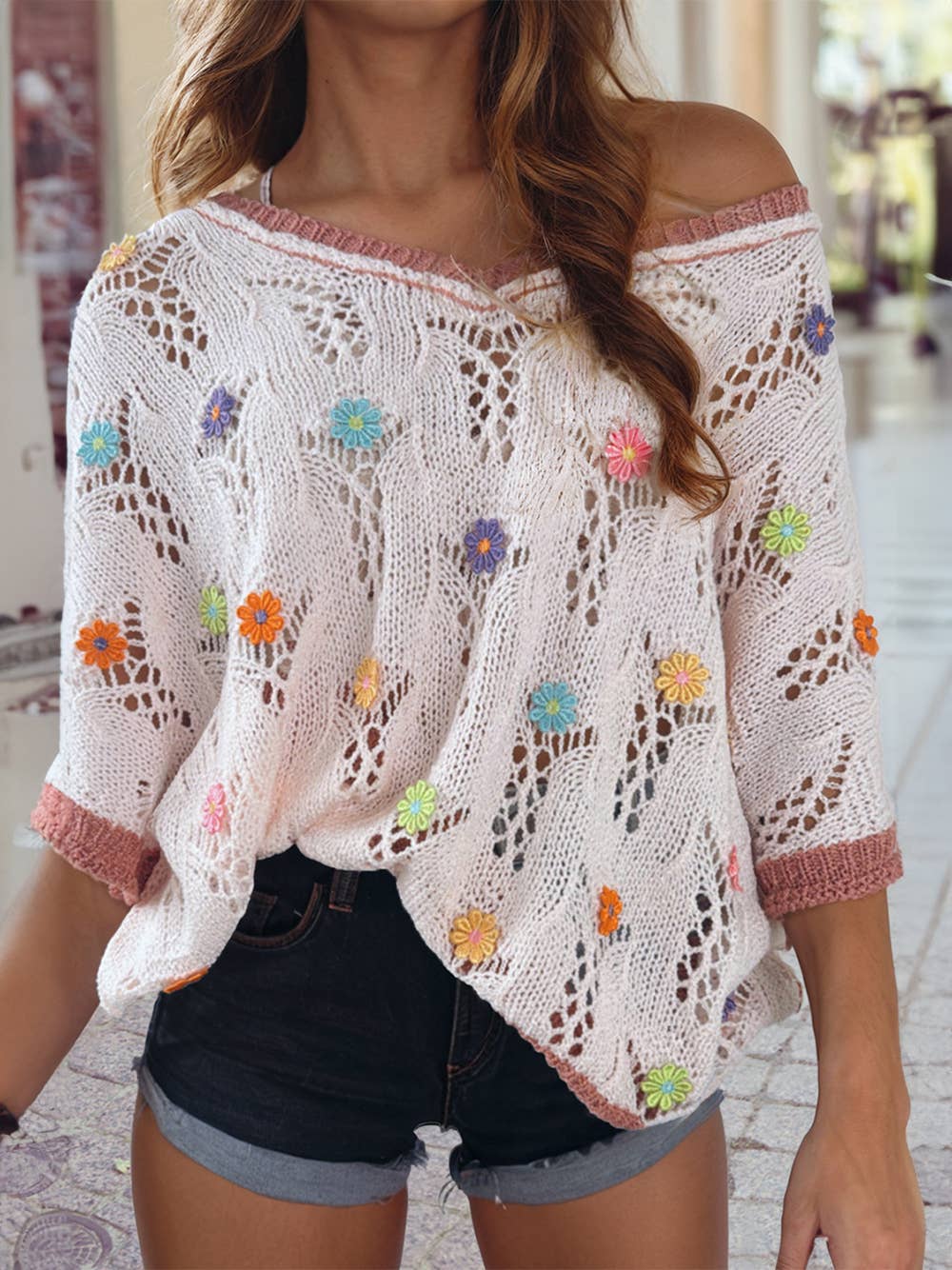 1 the Woman - Colorblock Edge Floral Embroider Half Sleeve Hollow Sweater