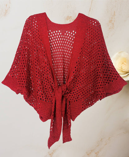 JC Sunny Fashion - Eyelet Open-Knit Metallic Cardigan with Front Tie