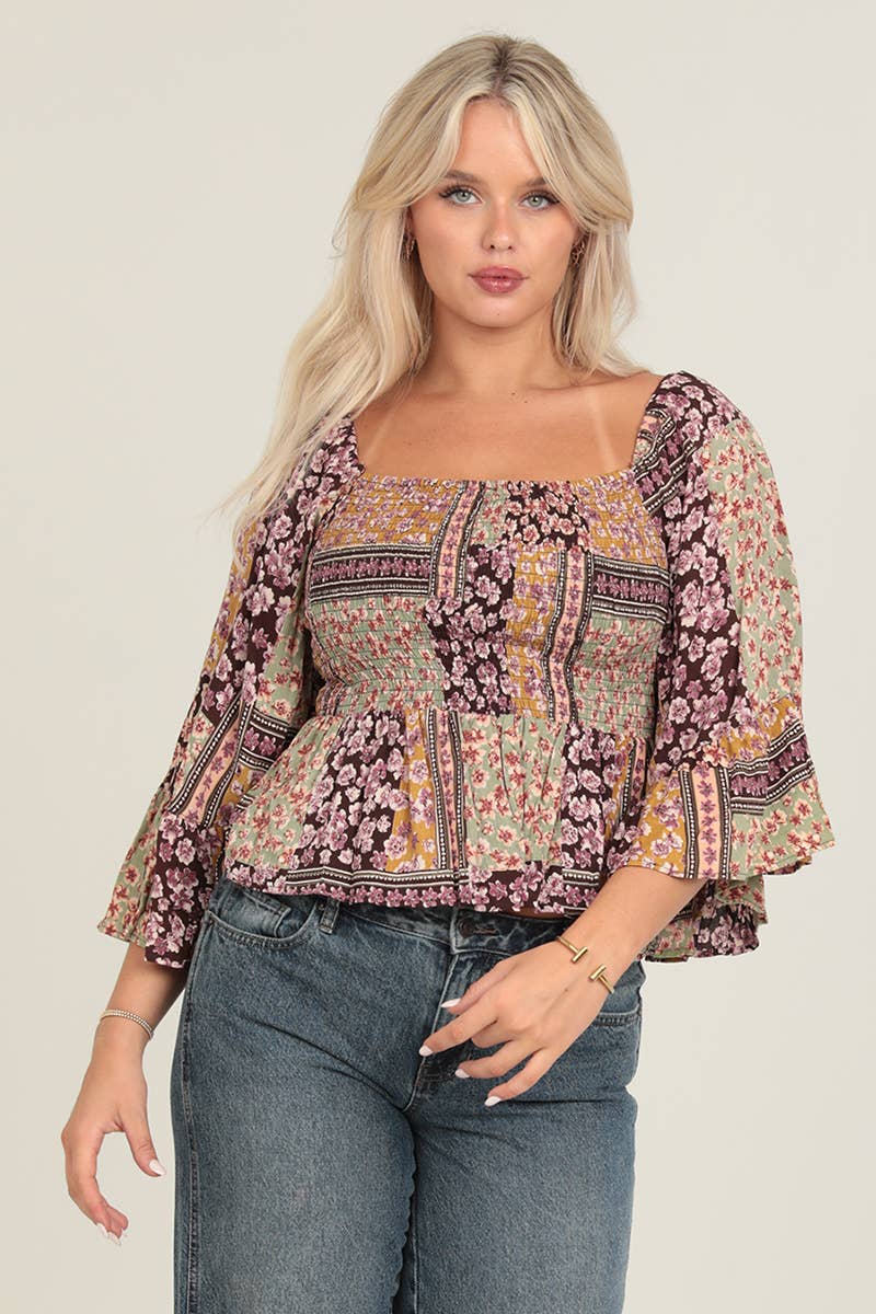ANGIE - FULLY SMOCKED BODICE TOP WITH A WIDE SLEEVE