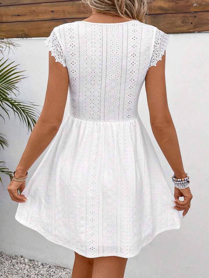 Anna Kaci Wholesale - Eyelet Lace V-Neck A-Line Dress
