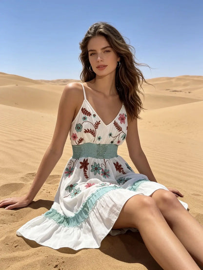 last queen - Mid-length dress with thin strap and floral embroidery, detail