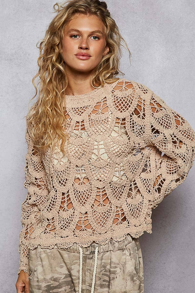 Pol Clothing - Round neck long sleeve solid crochet top