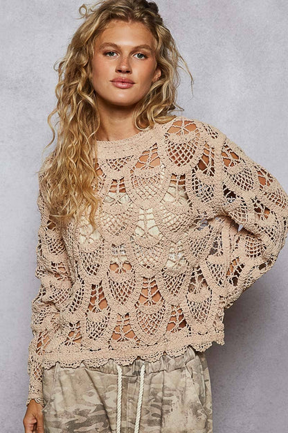Pol Clothing - Round neck long sleeve solid crochet top