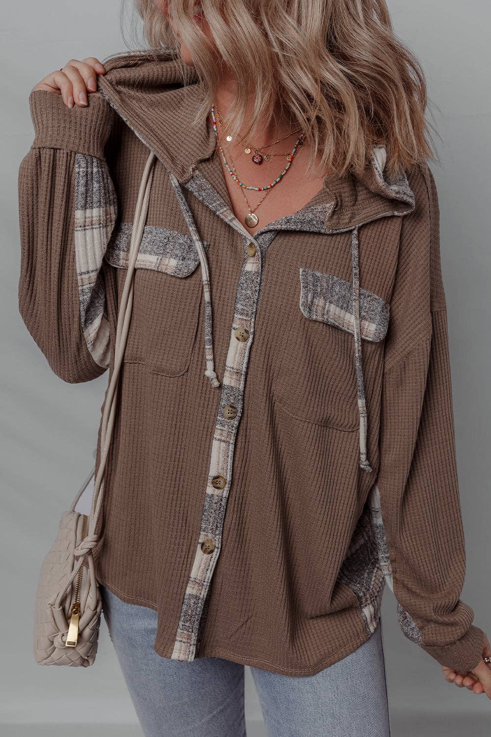 Lovesoft - Brown Plaid Patchwork Button Down Drawstring Hooded Shacket