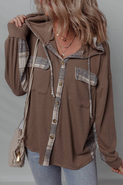 Lovesoft - Brown Plaid Patchwork Button Down Drawstring Hooded Shacket