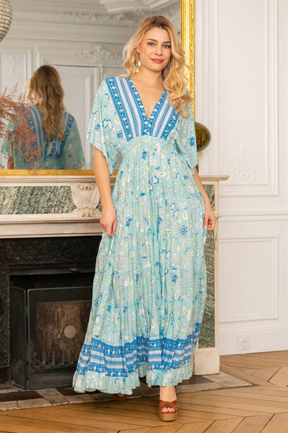 last queen - V-neck floral print long dress with 3/4 sleeves