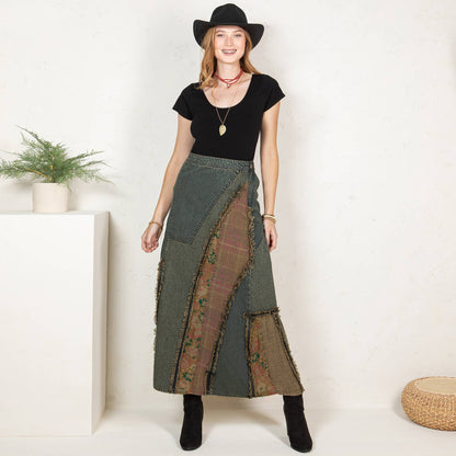 Young Threads - Western Boho Chic: Patch Inserted Denim Midi Skirt- New