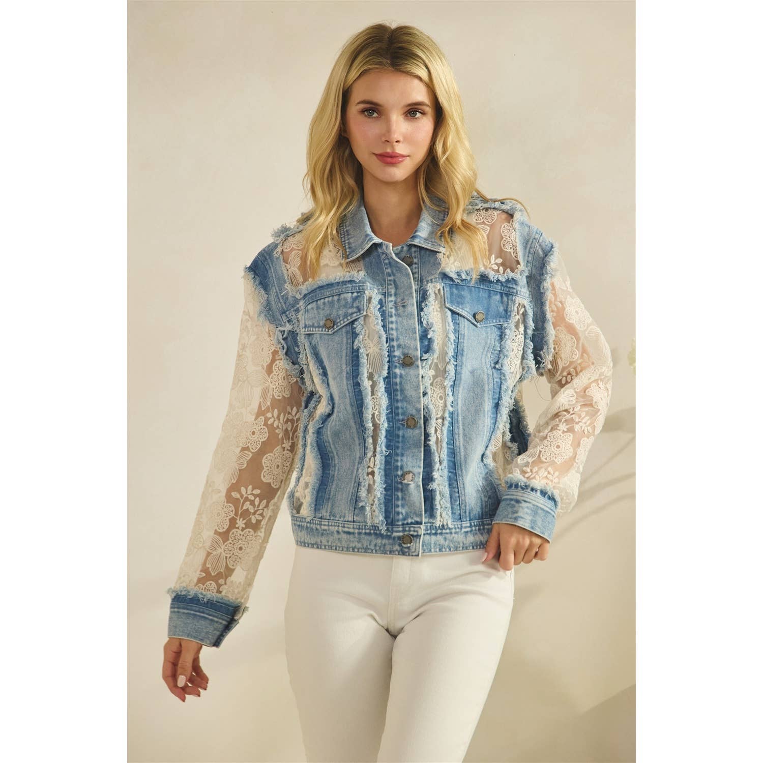 Veveret - Denim Jacket with Floral Organza Inset