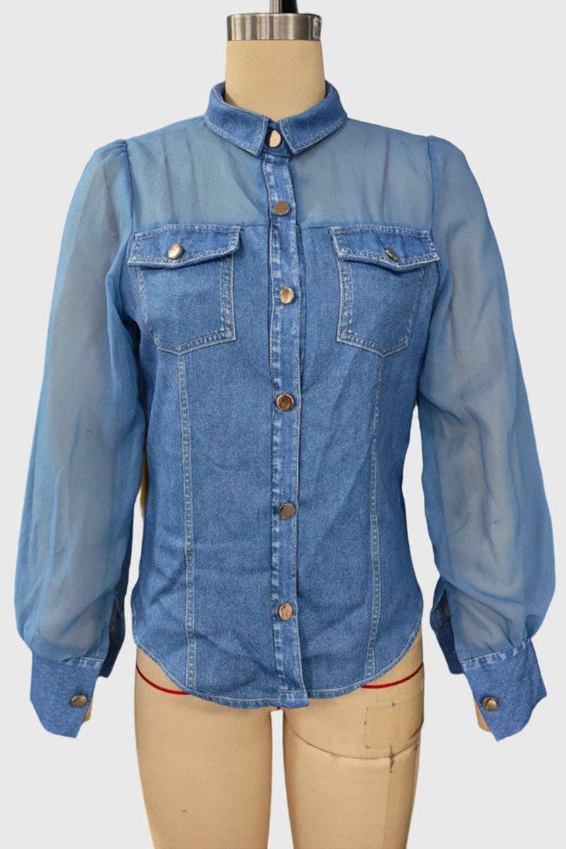 Mccolin - Sheer Sleeve Button-Front Shirt