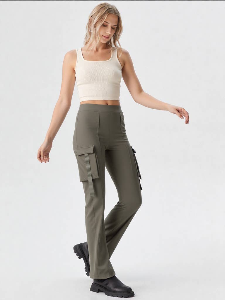 VERY J - NP70266-Bootcut Stretchy Knit Cargo Yoga Pants Leggings