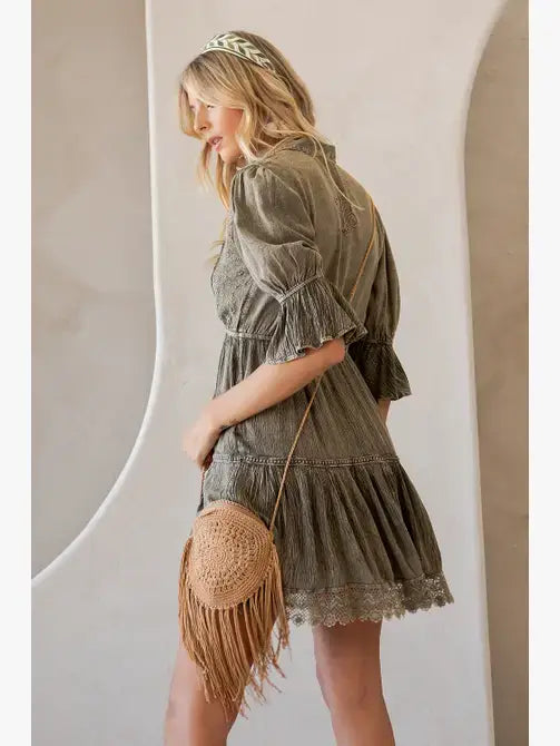 Young Threads - Stone-Washed Baby Doll Dress with V-Neck Boho Babe
