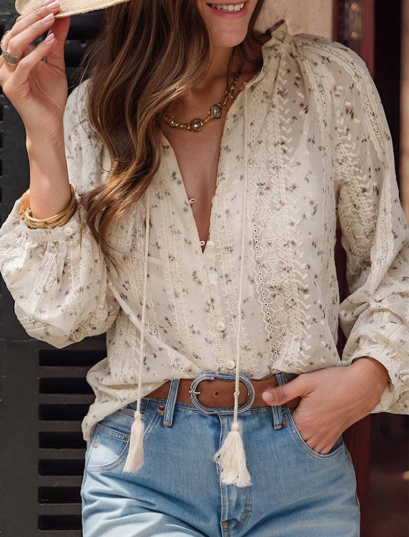 EmberLoom - Floral Tassel Tie Peasant Blouse