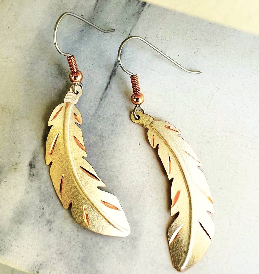 COPPER ARTS INC. - Textured Copper silver plated Feather Earrings