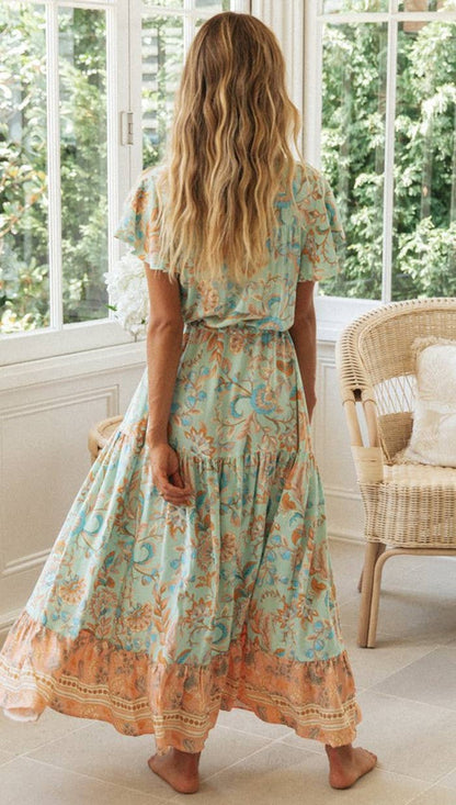  Bohemia Border Print Flutter Sleeve Maxi Dress