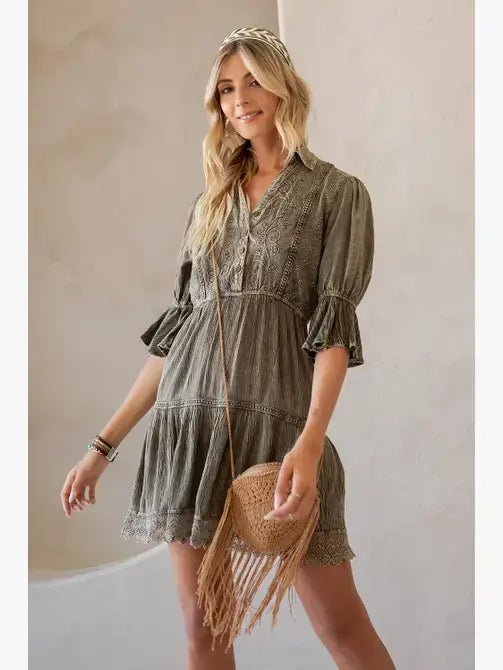 Young Threads - Stone-Washed Baby Doll Dress with V-Neck Boho Babe