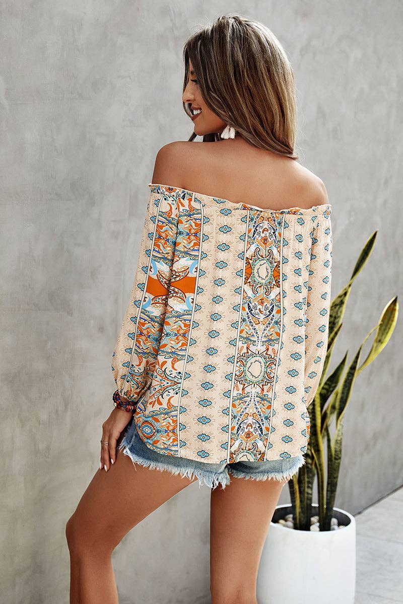Supreme Fashion - Boho Print Off Shoulder Long Sleeve Knot Front Blouse