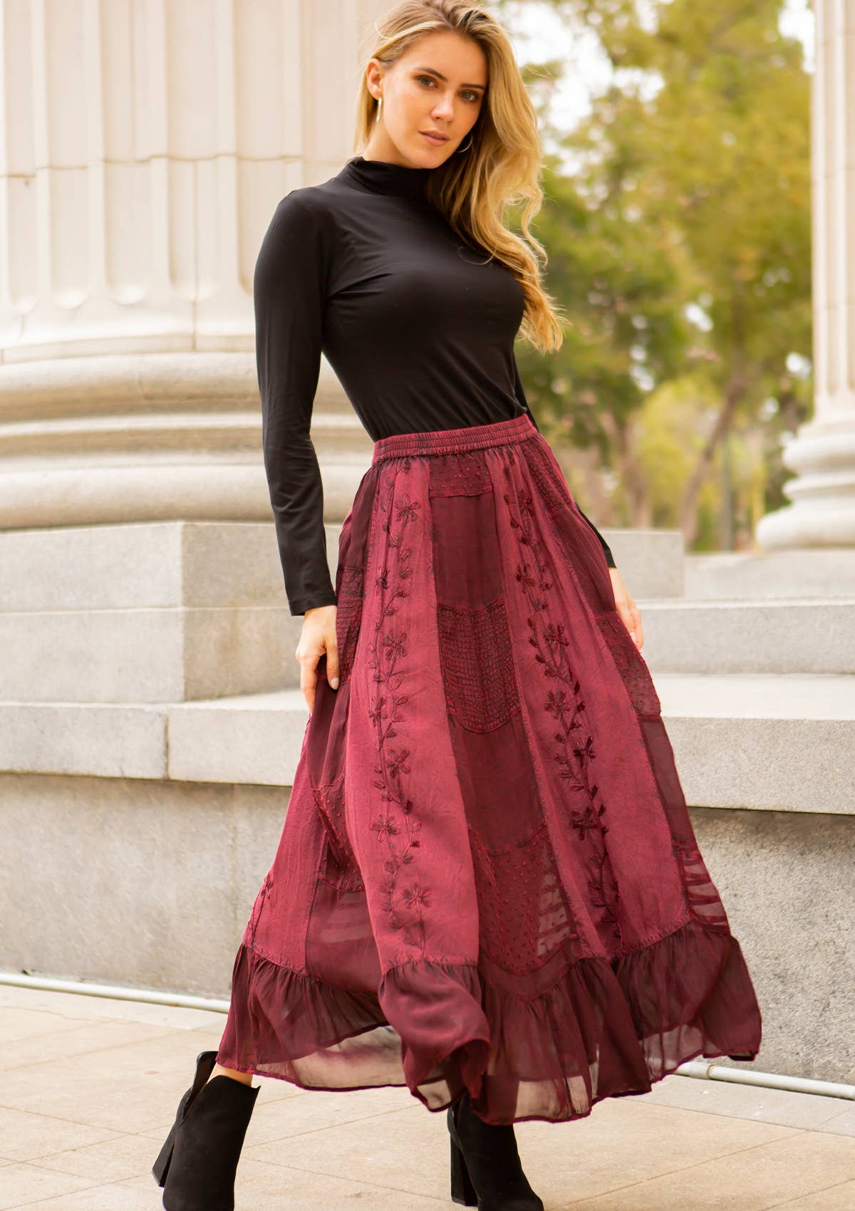 Young Threads - Women Patchwork Embroidered Maxi Skirt With Side Pockets