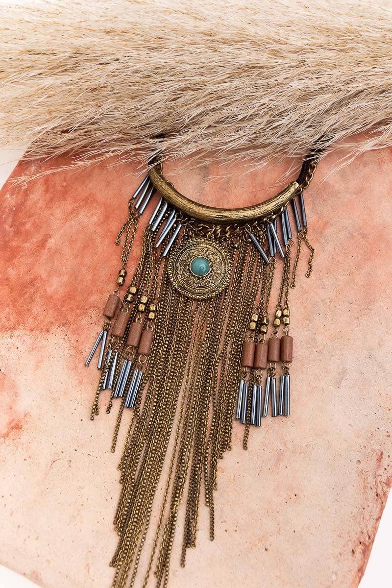 Leto Accessories - Antique Gold Turquoise Fringe Necklace