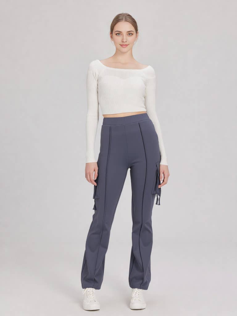 VERY J - NP70266-Bootcut Stretchy Knit Cargo Yoga Pants Leggings