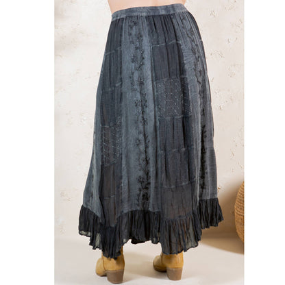 Gypsy Textured Tiered Skirt with Aari Embroidery: Charcoal / PLUS (XL-1X-2X-3X 1-2-2-1)
