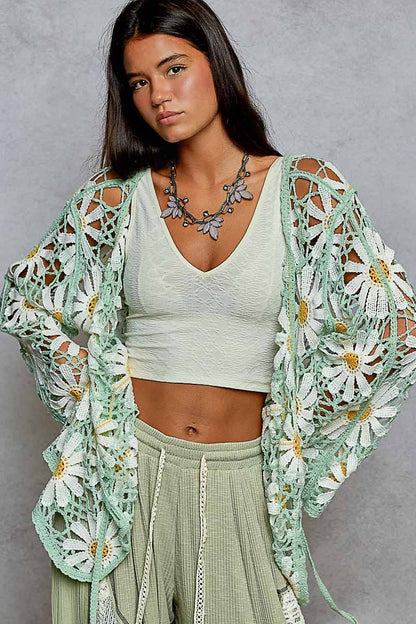 Pol Clothing - Long sleeve V neck crochet knit open cardigan
