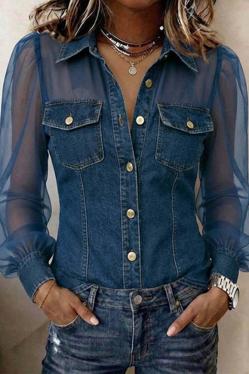 Mccolin - Sheer Sleeve Button-Front Shirt