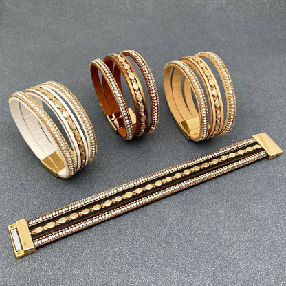 Mio Queena - LB - Sparkling Rhinestone &amp; Leather Triple-Layer Boho Bracelet