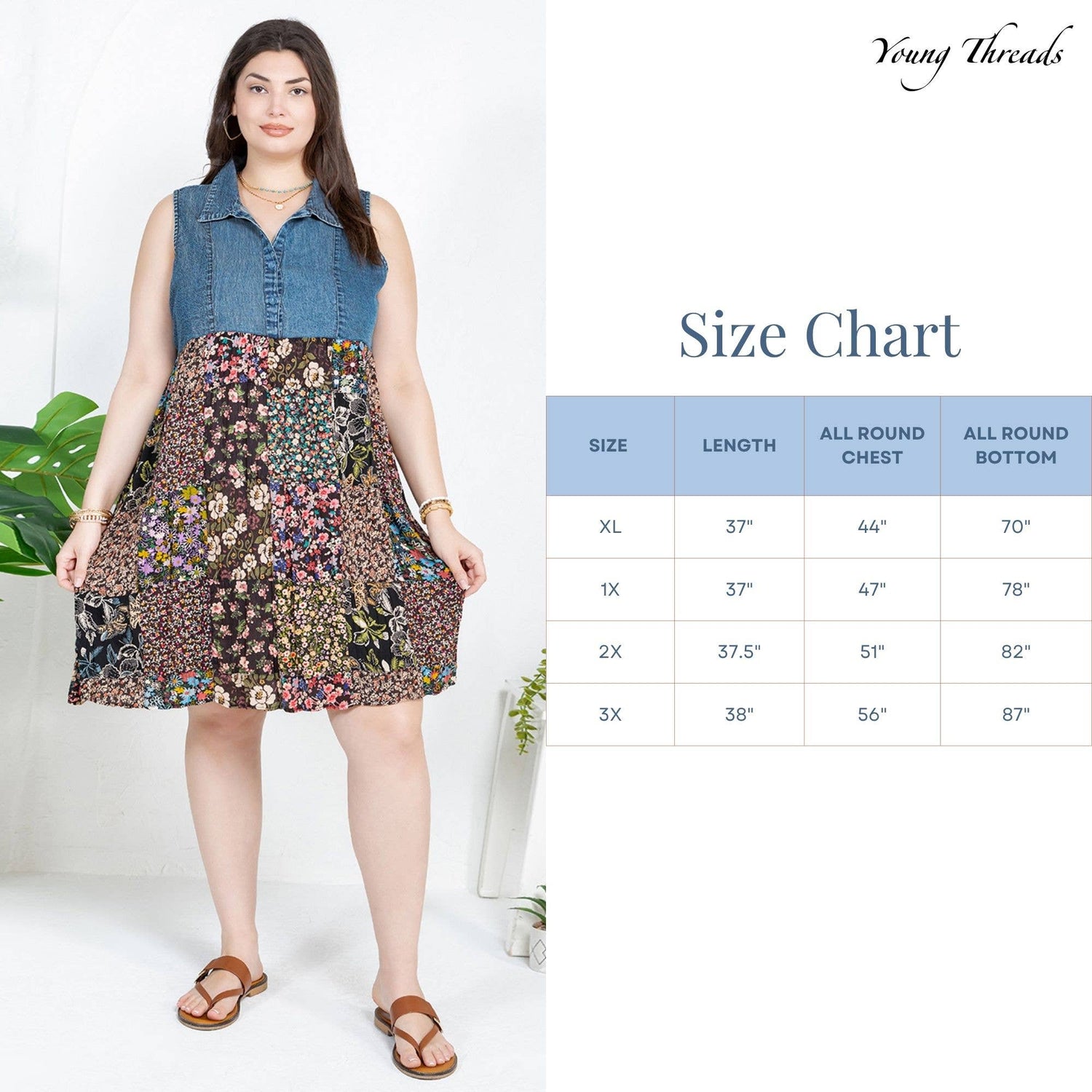 Young Threads - Rustic Summer Denim Short Dress with Print Patches
