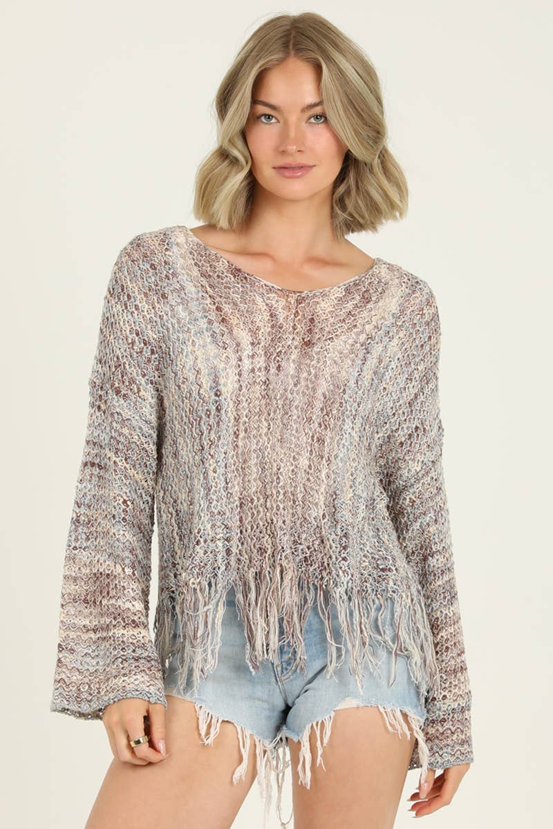 ANGIE - V NECK FRINGE HEM PULLOVER SWEATER