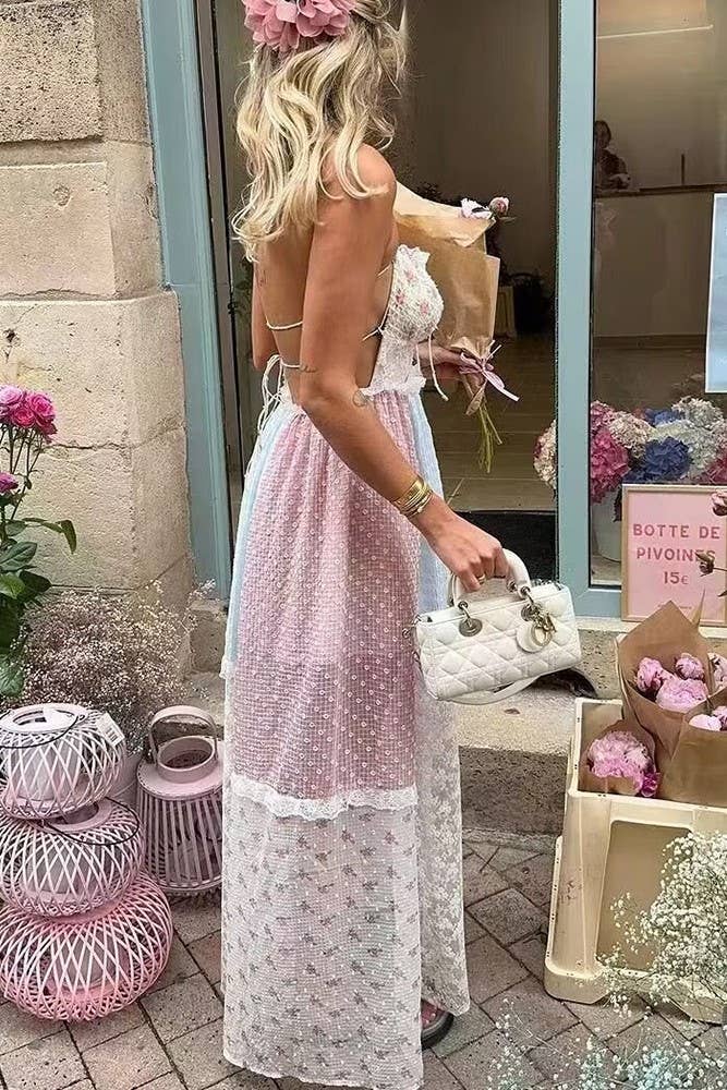  Floral sheer mesh lace patchwork halter maxi flare dress
