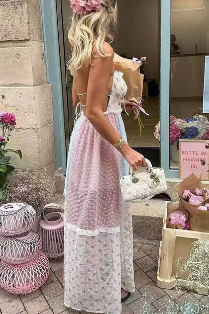  Floral sheer mesh lace patchwork halter maxi flare dress