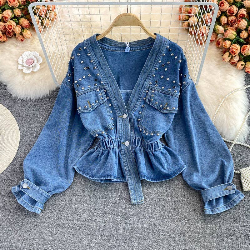 SALINA TRADING INC - Women Fashion Beaded V-Neck Long Sleeve Denim Jacket