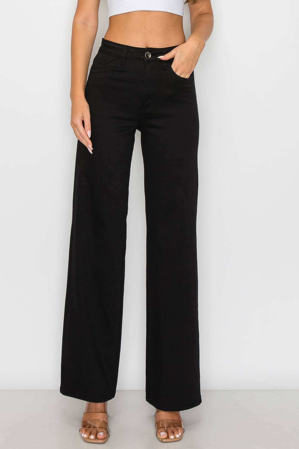 Denim Zone U.S.A. - LVB-200 BLACK HIGH WAISTED STRETCHY WIDE LEGS JEANS
