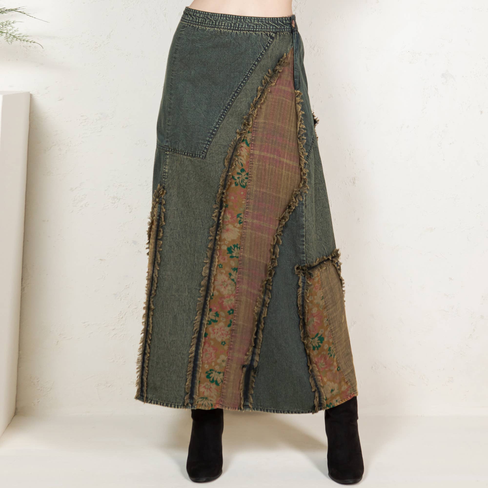 Young Threads - Western Boho Chic: Patch Inserted Denim Midi Skirt- New