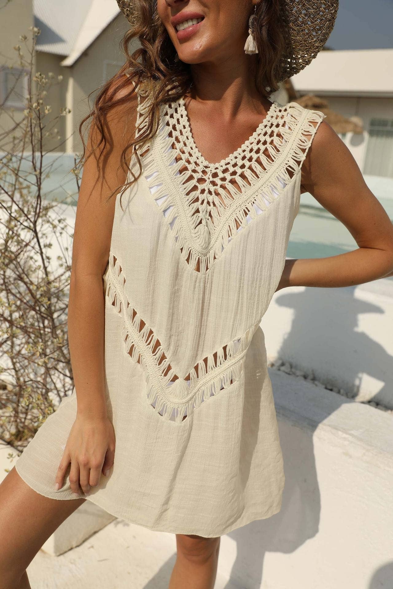 Crochet V-Neck Vest Dress Beach Cover-Up